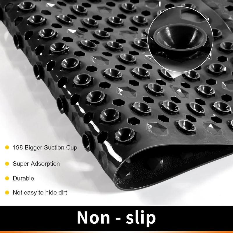 Bathtub Shower Mat, Long Non Slip Bath Mats for Tub with Drain Hole and Suction Cups, Soft on Feet, Machine Washable, Easy Dry, 34.5 x 15.5 Inch, Black