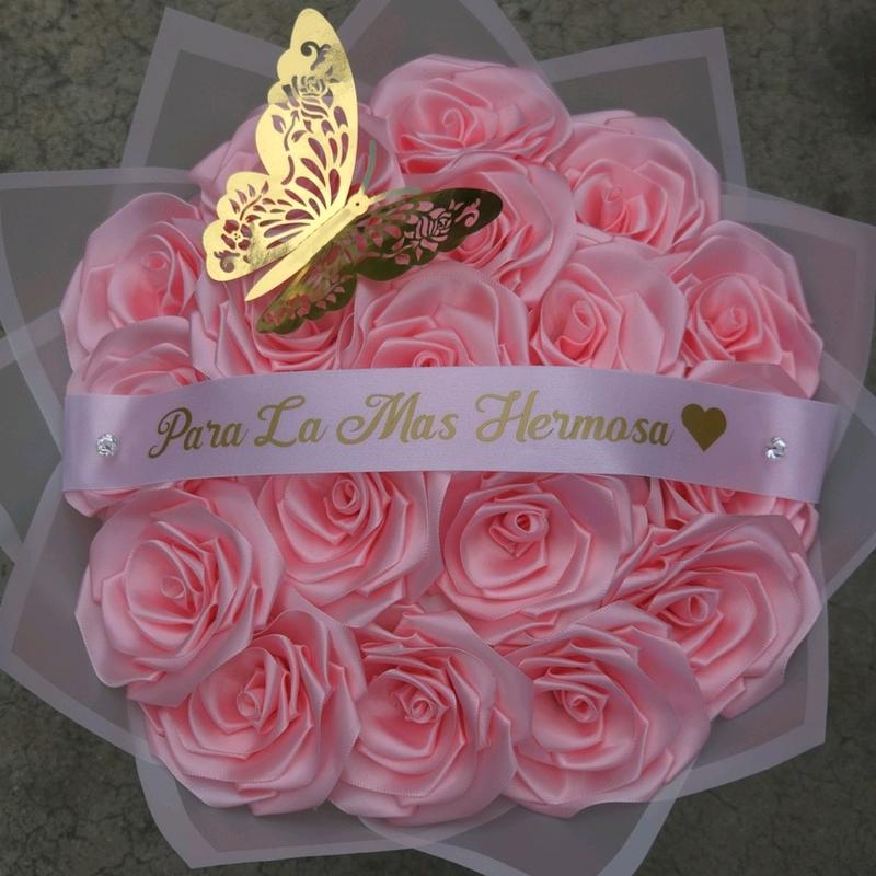 18 Pink Hermosa Eternal Rose Bouquet Custom Ribbon Gift Decor Decorative Flower Room arrangement flores eternas liston ribbon