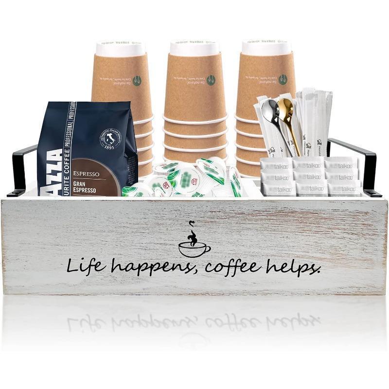 Coffee Station Organizer, Farmhouse Coffee Bar Accessories Organizer Basket for Countertop Office Coffee Station, Wooden Tray for Coffee Supplies and Essentials, Sugar, Syrup, Tea