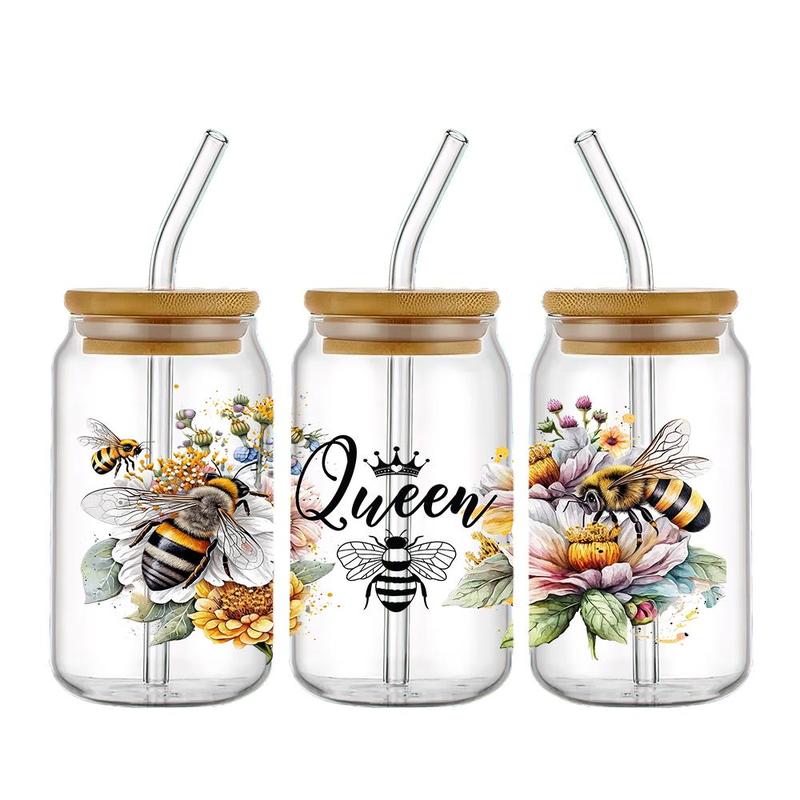 Bee & Flower Pattern UV DTF Cup Wraps Decals, 5 Counts set Waterproof Self-adhesive Stickers for 16 OZ Glass Can Wrap, DIY Transfer Stickers for Bee Lovers for Cups Bottles Glass