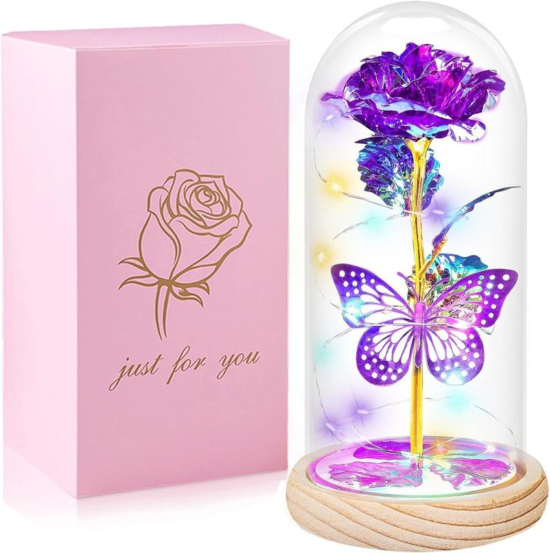 Mothers Day Glass Rose Light Up Rose Gifts for Mom Women Birthday Gifts Colorful Rainbow Artificial Flower Rose Gift in A Glass Dome Valentines Mother's Day for Her Women Decor Decorative Ornaments flower  Plants