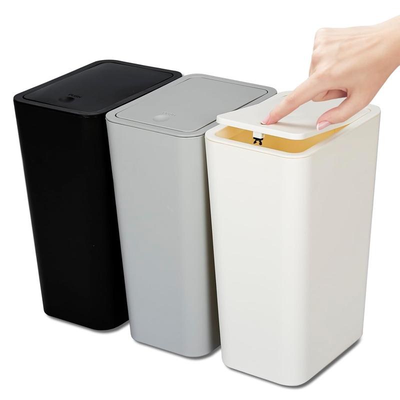 3 Pack 10L 2.6 Gal Bathroom Trash Can with Lid, Bathroom Trash Bin with Press Lid, Small Trash Can Slim Garbage Cans Waste Basket for Bathroom,Kitchen,Office,Bedroom - Black,Gray,Off White Pet Plastic Smooth