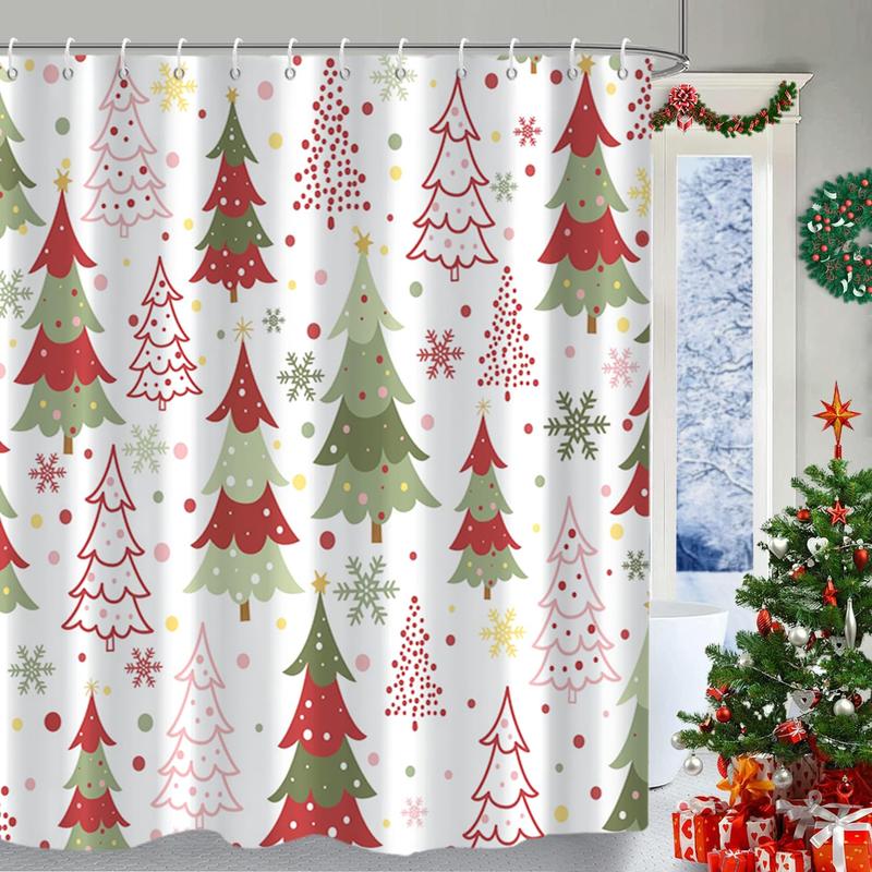 Merry Christmas Shower Curtain, Winter Xmas Tree Snowflake Holiday Red and Green Waterproof Fabric Machine Washable for Bathroom Bathtub Decor with Hooks 72