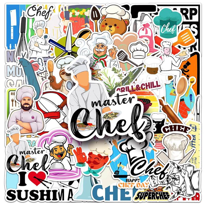 Cartoon Chef Pattern Sticker, 50pcs set Waterproof Self Adhesive Decor Paper, Decor Sticker for Gift Greeting Card Water Bottle Laptop Phone