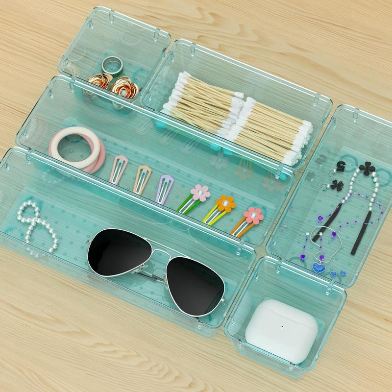 9 Pack Clear Drawer Organizer Set, Acrylic Drawer Storage Trays, Storage Bins for Makeup, Cosmetics, Jewelries, Utensils, Gadgets, Office, Sea Blue Boxes