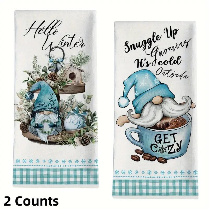 Winter Dwarf Pattern Kitchen Towel, 2 Counts set Soft Absorbent Dishcloth, Hand Towel for Drying & Cooking, Kitchen Decor