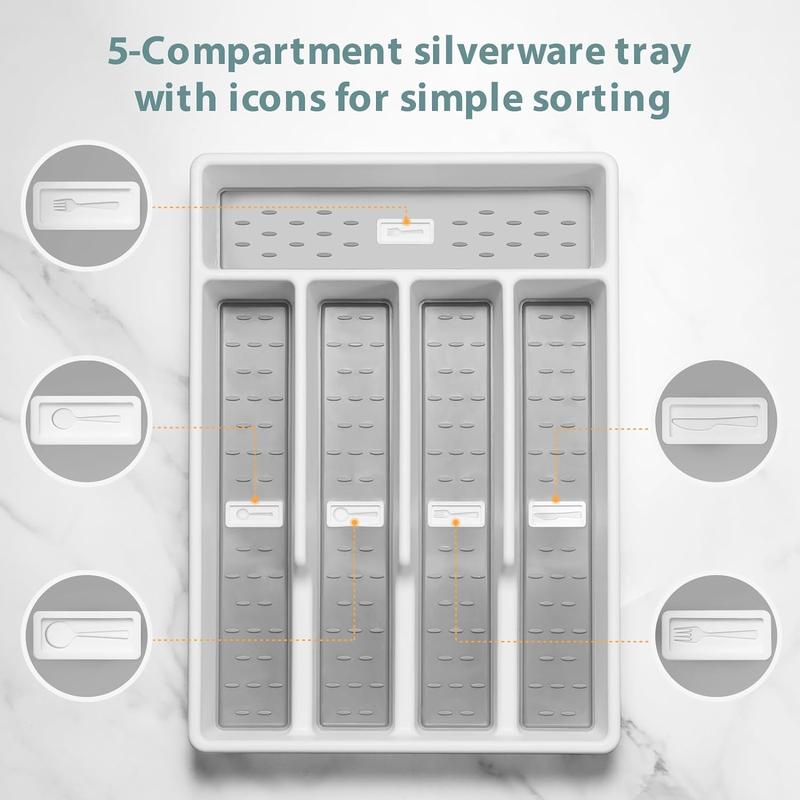 Silverware Organizer with Icons Plastic Cutlery silverware Tray for Drawer Utensil Flatware Tableware Organizer for Kitchen with Non-slip TPR,Fits Standard Drawer,5-Compartment  Grey Boxes