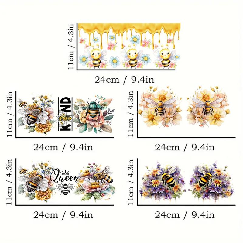 Bee & Flower Pattern UV DTF Cup Wraps Decals, 5 Counts set Waterproof Self-adhesive Stickers for 16 OZ Glass Can Wrap, DIY Transfer Stickers for Bee Lovers for Cups Bottles Glass