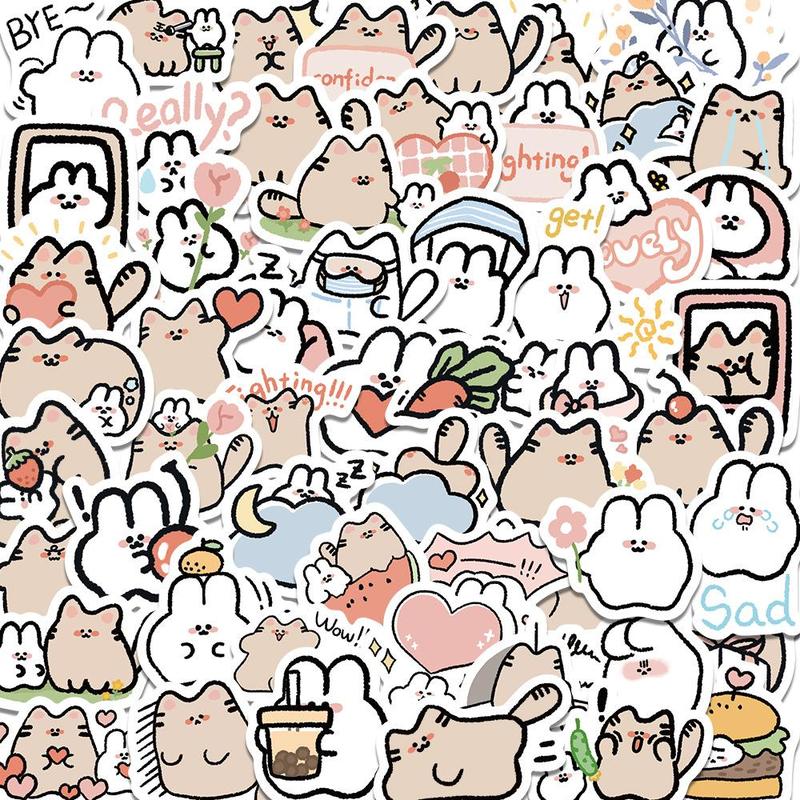 Easter Ornaments, 60pcs Cute Spring Cartoon Cat & Rabbit Series Stickers, DIY Waterproof Decorative Stickers for Laptop, Guitar, Water Bottle & Skateboard, Easter Essentials, Easter Decorations