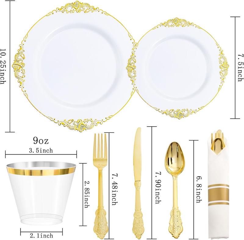 Nervure 175PCS White and Gold Plastic Plates for 25 Guests,include 25Dinner Plates,25 Cups,25Forks ,25Knives,25Napkins for Wedding&Party