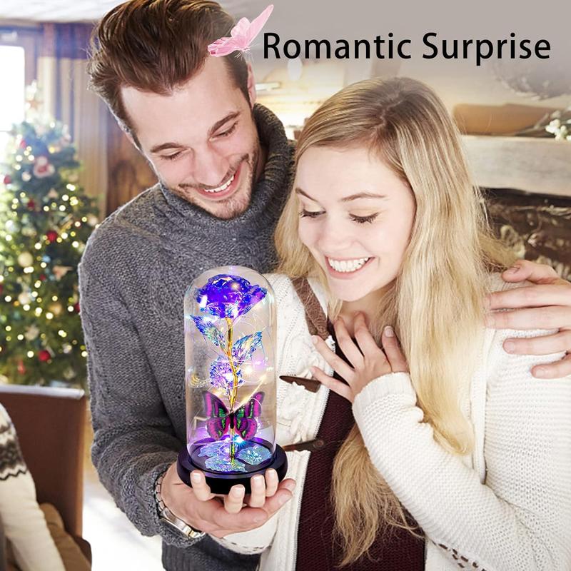 Glass Rose, for Mom, Father's Day Valentines Day Gifts for Her with Greeting Card, Galaxy Purple Butterfly Eternal Rose in A Glass Dome