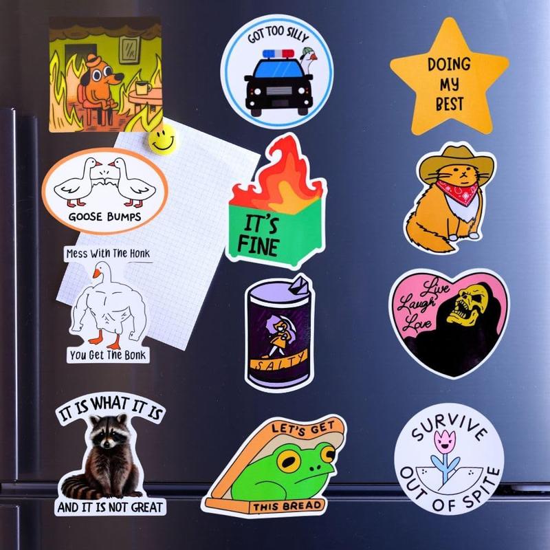 12packs Funny Fridge Magnets Cute Fun Sassy Quirky Novelty Magnet for Adults Car Desk Kitchen Meme This is Fine Dumpster Dog Live Laugh Love Howdy Silly Goose Bumps Raccoon Accessories Gifts