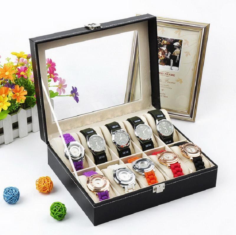 10 Compartments High-grade Leather Watch Collection Storage Box Black