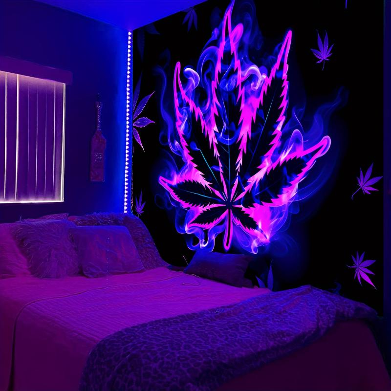  1pc Vibrant Purple Leaf Fluorescent Tapestry - Aesthetic Polyester UV BlackLight Wall Hanging for Living Room, Bedroom, Office, Home Decor, Room Decor, Party Deco - Festival Gift with  Installation Package and Easy to Hang