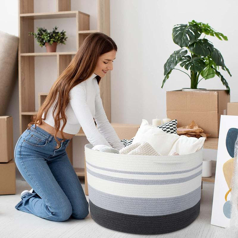 Storage Basket Large Cotton Rope Basket , with Handle Big Basket Soft Nursery Cube Bin Laundry Hamper for Living Room