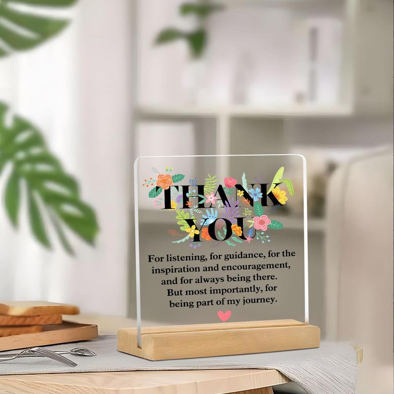 Acrylic Thank You Plaque with Wooden Stand, 1 Count Creative Floral Pattern Desktop Ornament with Mini Greeting Card, Home Decor for Living Room Bedroom Office, Gift for Friend & Family