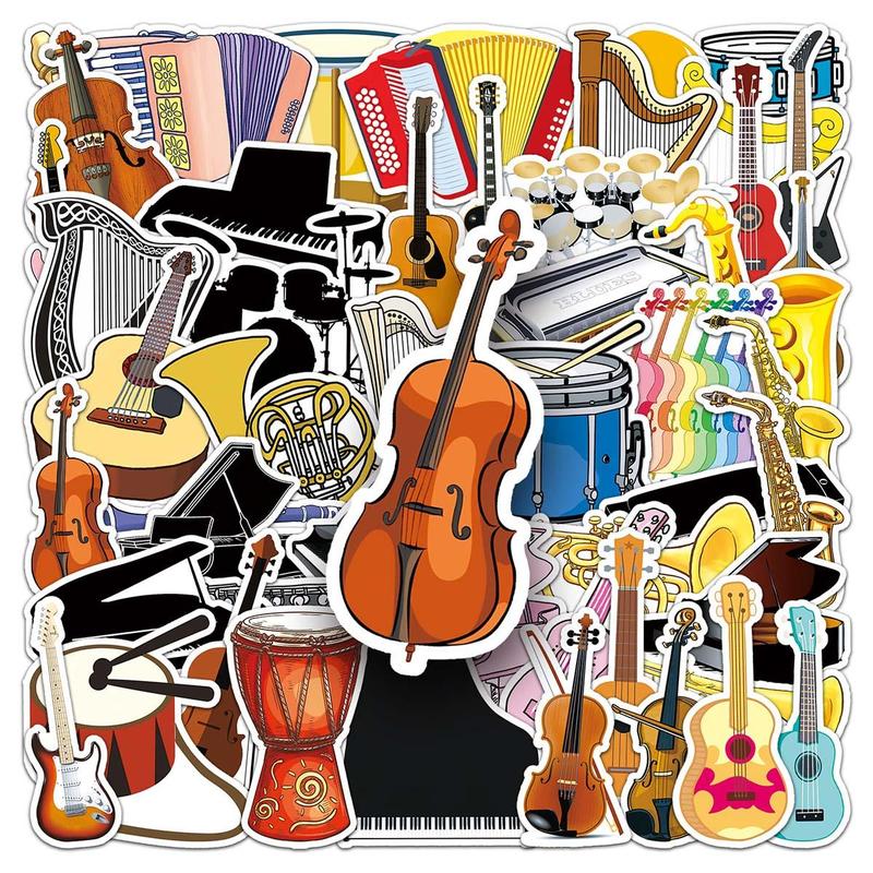 50pcs set Musical Instrument Pattern Sticker, Waterproof Self Adhesive Decor Paper, Decor Sticker for Gift Greeting Card Water Bottle Laptop Phone