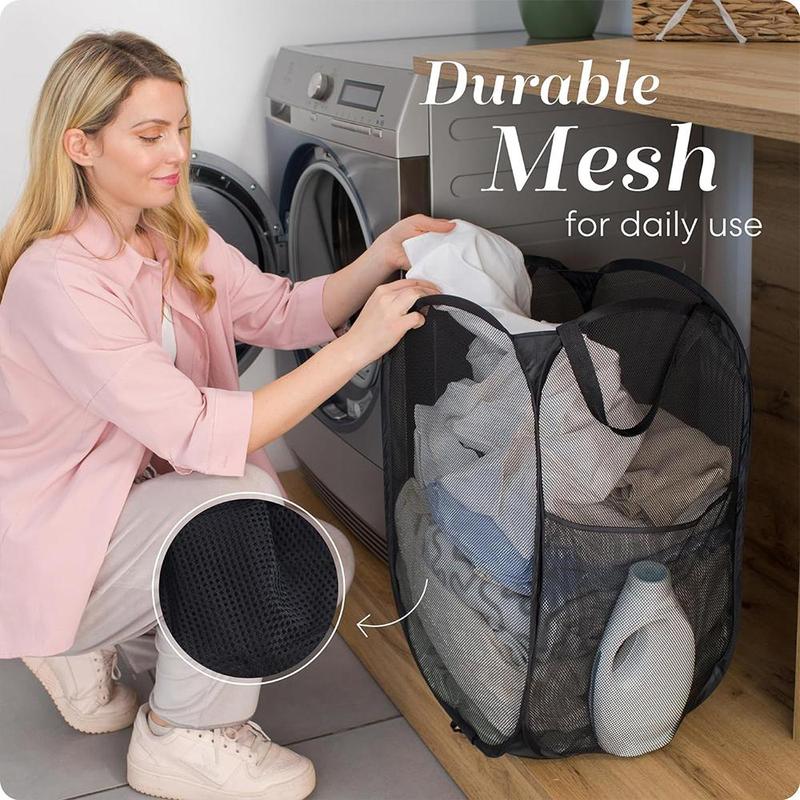 Collapsible Mesh Hamper, Breathable & Sturdy Clothes Storage Basket with Side Pocket, Space Saving Design for Clothes & Storage