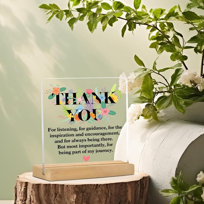 Acrylic Thank You Plaque with Wooden Stand, 1 Count Creative Floral Pattern Desktop Ornament with Mini Greeting Card, Home Decor for Living Room Bedroom Office, Gift for Friend & Family