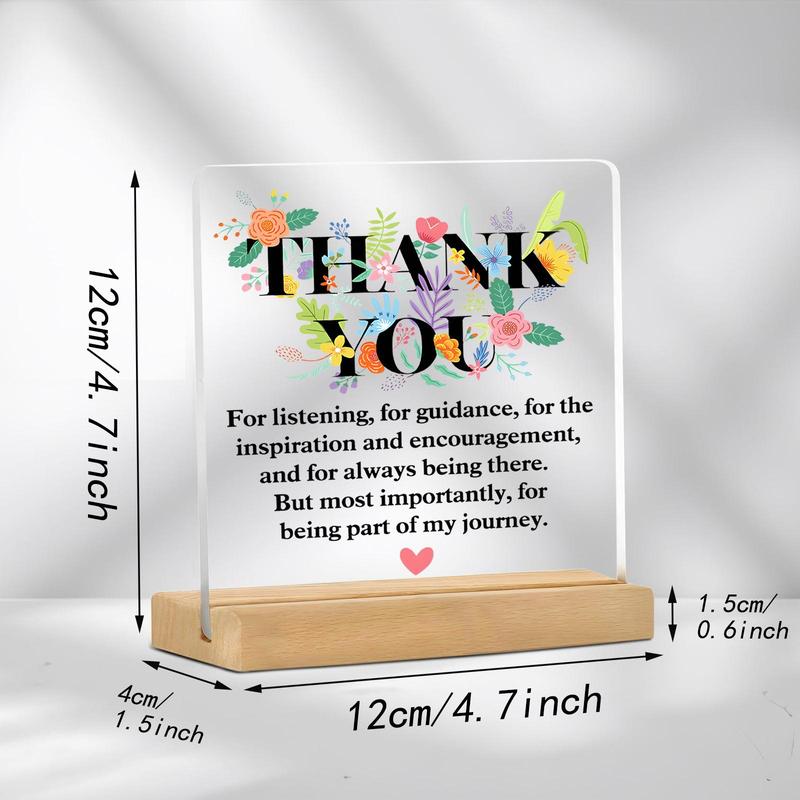 Acrylic Thank You Plaque with Wooden Stand, 1 Count Creative Floral Pattern Desktop Ornament with Mini Greeting Card, Home Decor for Living Room Bedroom Office, Gift for Friend & Family