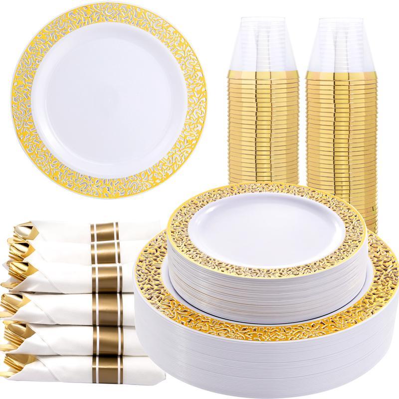 350 Pcs Gold Plastic Plates Disposable Silverware and Cups, Include:50 Dinner Plates 10.25”, 50 Dessert Plates 7.5” 50 Gold Rim Cups ,Gold Cutlery Set dinner plate