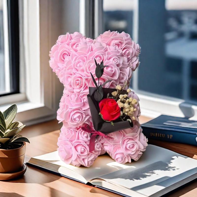 Artificial Rose Bear, 1 Count Cute Bear Shaped Rose Flower, Desktop Decorations for Home Office, Gift for Girlfriend, Mother, Wedding, Party