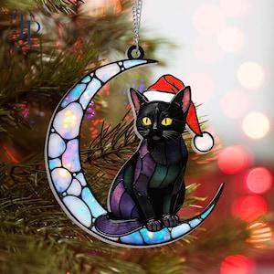 Cat On Moon 2D Acrylic Window Hanging, Black Cat Ornament, Cat Lovers Gift,  Wall Hanging Home Decor, Christmas Tree Decor