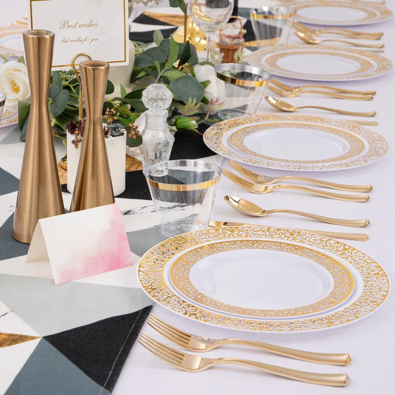 350 Pcs Gold Plastic Plates Disposable Silverware and Cups, Include:50 Dinner Plates 10.25”, 50 Dessert Plates 7.5” 50 Gold Rim Cups ,Gold Cutlery Set dinner plate