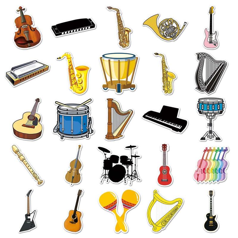 50pcs set Musical Instrument Pattern Sticker, Waterproof Self Adhesive Decor Paper, Decor Sticker for Gift Greeting Card Water Bottle Laptop Phone