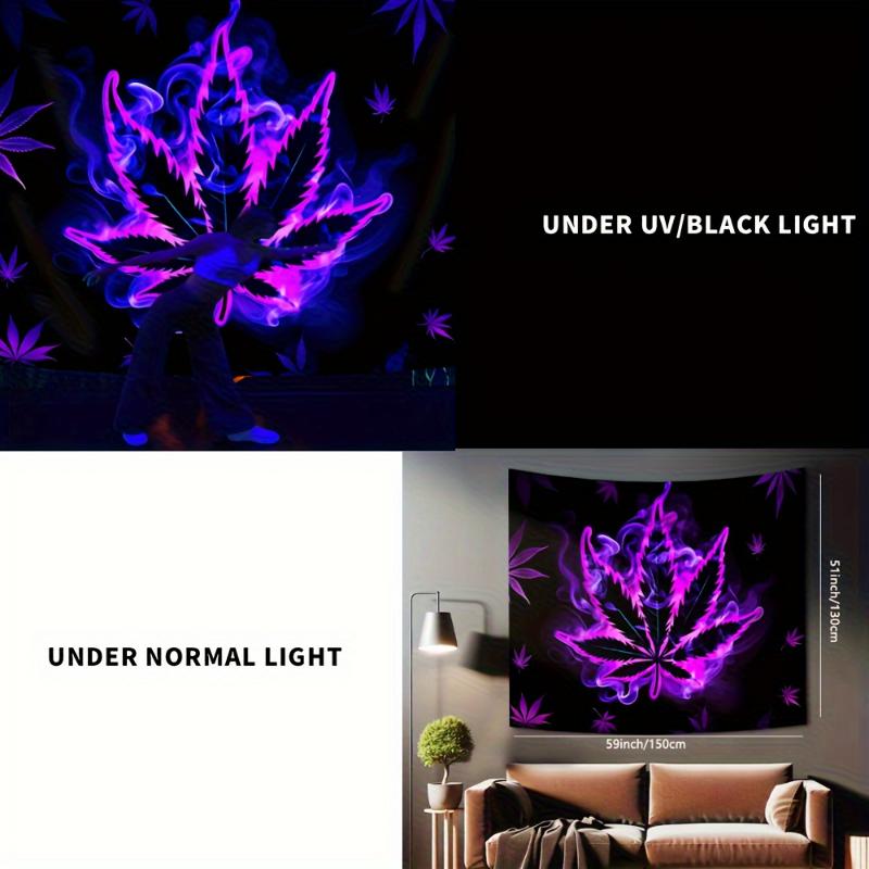  1pc Vibrant Purple Leaf Fluorescent Tapestry - Aesthetic Polyester UV BlackLight Wall Hanging for Living Room, Bedroom, Office, Home Decor, Room Decor, Party Deco - Festival Gift with  Installation Package and Easy to Hang