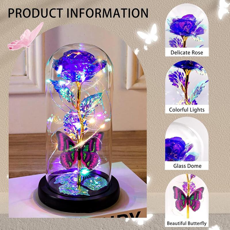 Glass Rose, for Mom, Father's Day Valentines Day Gifts for Her with Greeting Card, Galaxy Purple Butterfly Eternal Rose in A Glass Dome