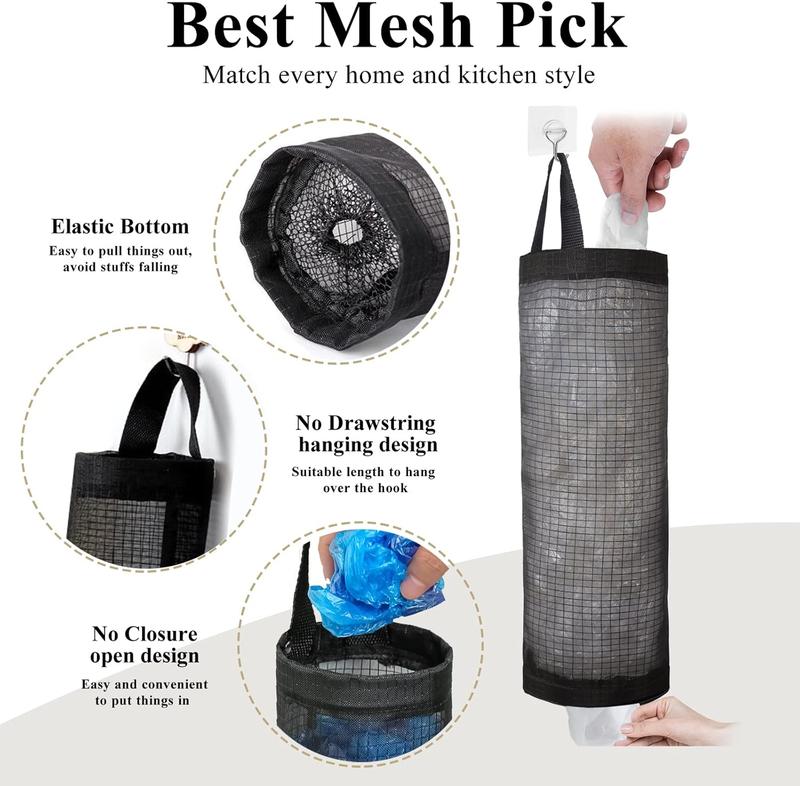 Plastic Bag Holder, Grocery Bag Holder Mesh Hanging Storage Bag Dispenser (Black 2 Packs)