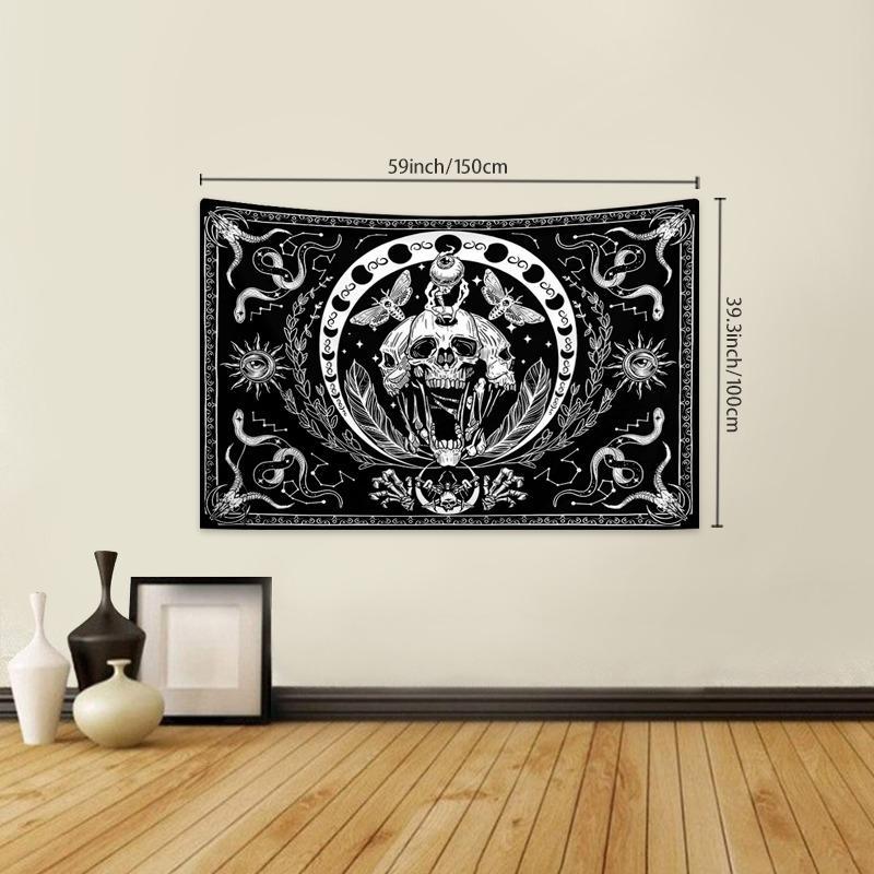 Skeleton Tapestry, 1 Count Skull Black Wall Hanging Snake Moth Wall Towel, Aesthetic Wall Art Decor Hippie Tapestry for Bedroom Living Room