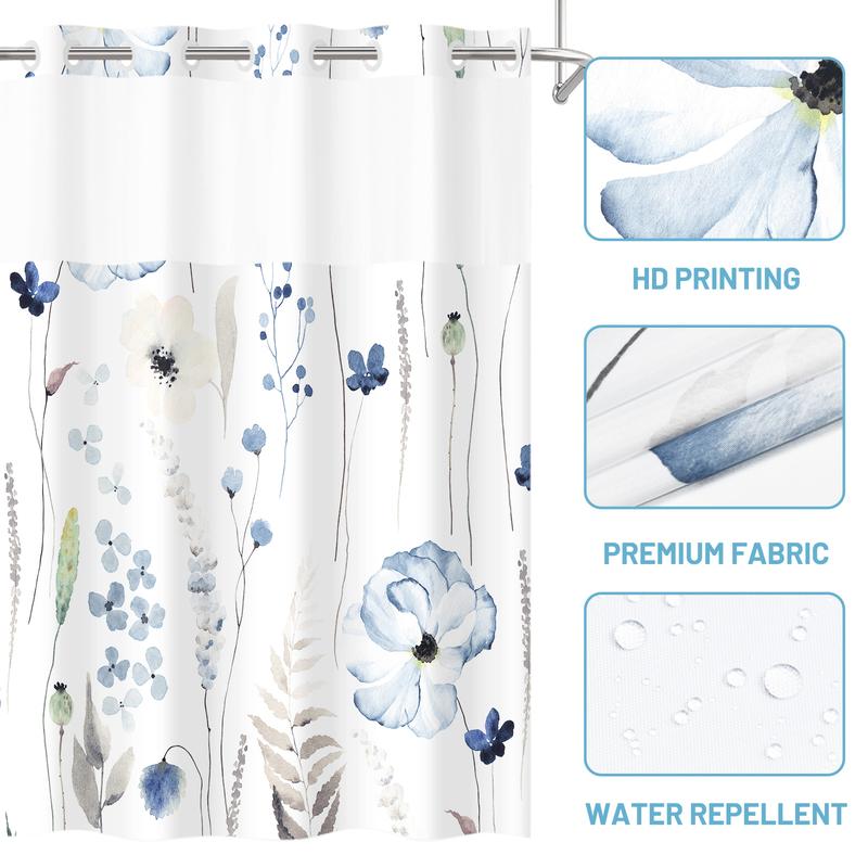 WITHLOC No Hook Shower Curtain with Snap in Liner - Floral Shower Curtain - Fabric Waterproof Inner Liner, Plants Watercolor Modern Cloth Shower Curtains - Machine Washable, 71 x 74 Inch 71 x 86 Inch