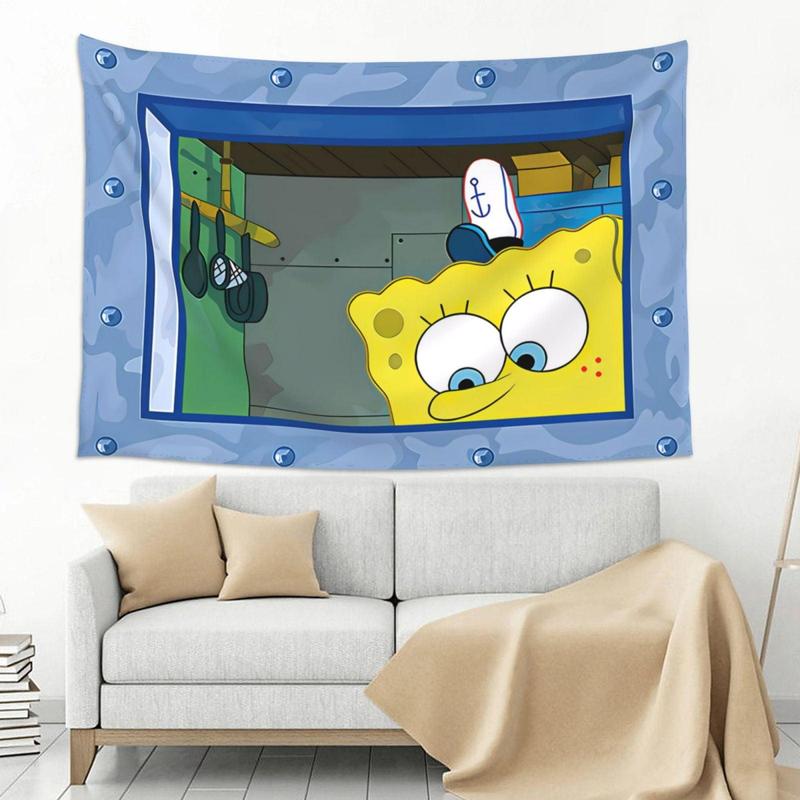 Spongebob Squarepants Peeking Funny Pictures Tapestry , Cartoon Squidward College Dorm Flag For Room Man Cave Frat Wall Outdoor Decor Flag