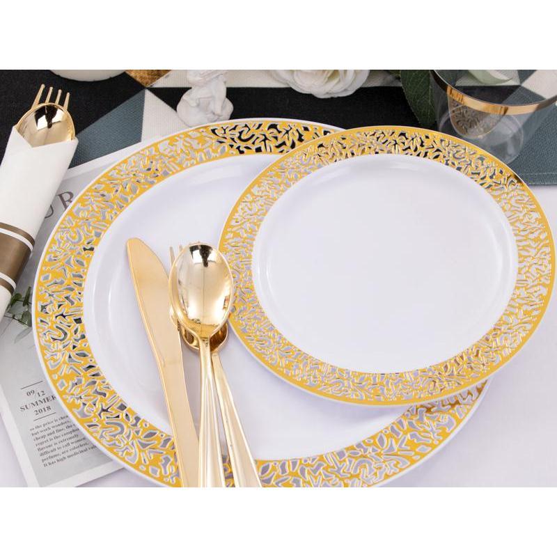 350 Pcs Gold Plastic Plates Disposable Silverware and Cups, Include:50 Dinner Plates 10.25”, 50 Dessert Plates 7.5” 50 Gold Rim Cups ,Gold Cutlery Set dinner plate