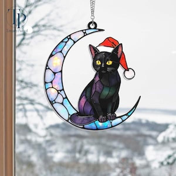 Cat On Moon 2D Acrylic Window Hanging, Black Cat Ornament, Cat Lovers Gift,  Wall Hanging Home Decor, Christmas Tree Decor