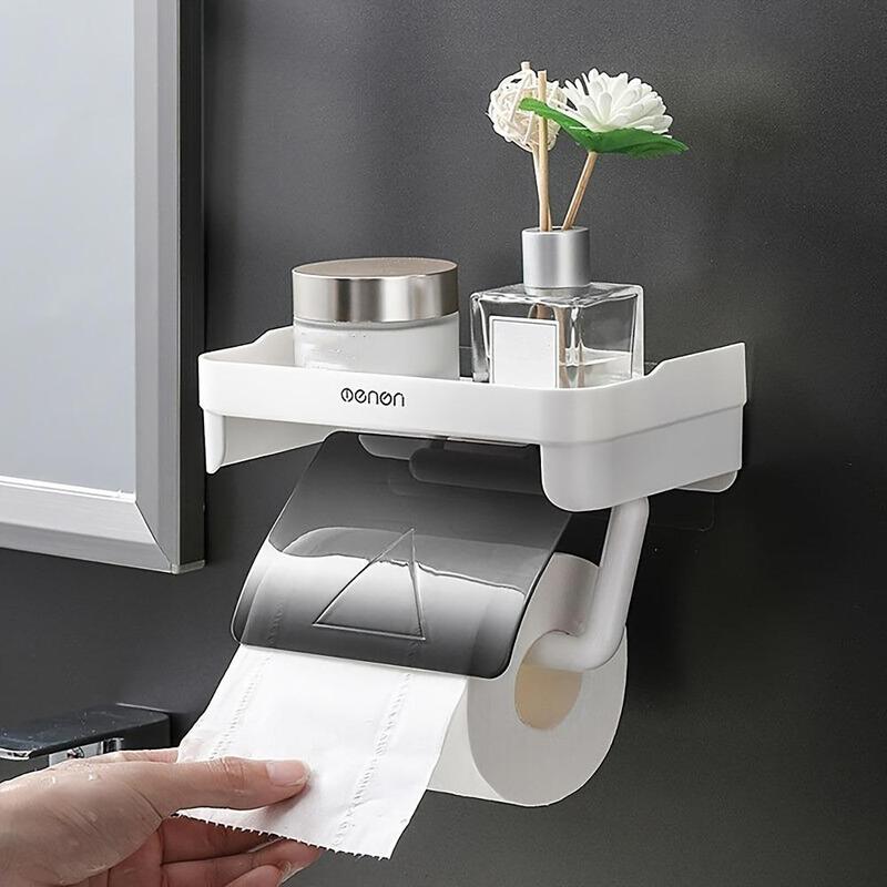 Bathroom 2 in 1 Wall Mounted Tissue Storage Rack, 1 Count Toilet Paper Holder, Plastic Paper Roll Holder for Bathroom Washroom