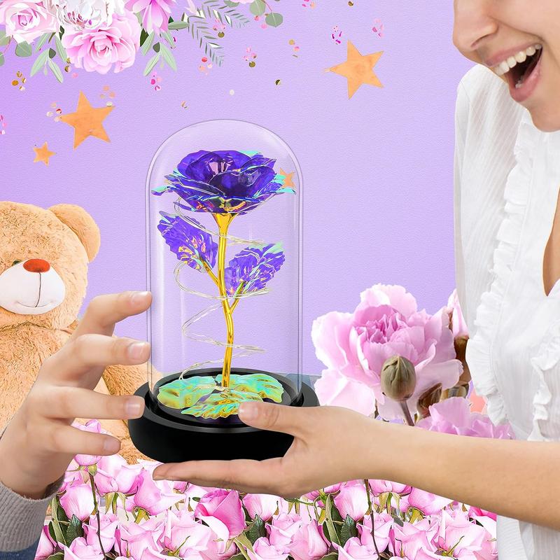 Birthday Gifts for Women,Mothers Day Rose Gifts for Mom,Womens Glass Rose Gifts,Light Up Rose Flowers in Glass Dome,Colorful Purple Flower Rose Mom Gifts for Her,Wife,Mom,Girls,Anniversary Decor Decorative Fruit Plants Ornaments