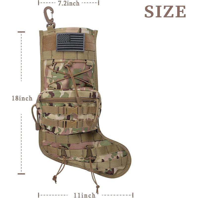 Tactical Christmas Stocking, with Flag Patch MOLLE Webbing, Zip Pocket, MOLLE Clips, Gift for Veterans Military Patriotic and Outdoorsy People, Khaki Camouflage