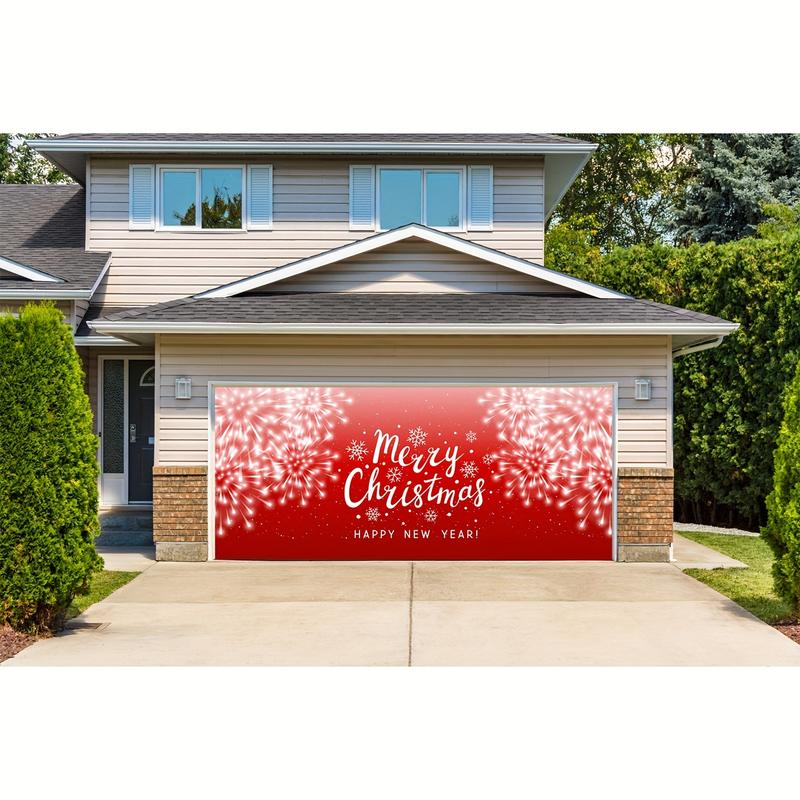 Outdoor Courtyard Garage Door Decoration, Merry Christmas Banner, New Year Garage Door Background, Red Snowflakes