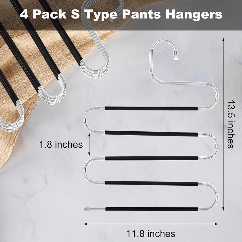 Pants Hangers Space Saving,4 Pack Stainless Steel Non-Slip Hangers for Pants,Multiple S-Shaped Closet Storage Organizer Hanger for Pants Jeans Scarf Towels Leggings