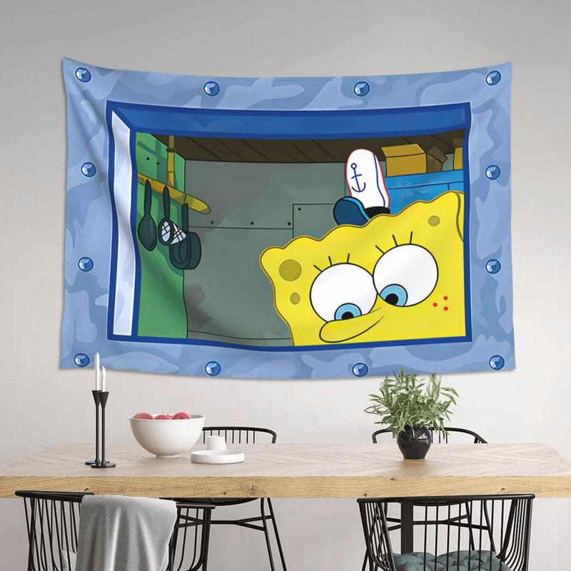 Spongebob Squarepants Peeking Funny Pictures Tapestry , Cartoon Squidward College Dorm Flag For Room Man Cave Frat Wall Outdoor Decor Flag