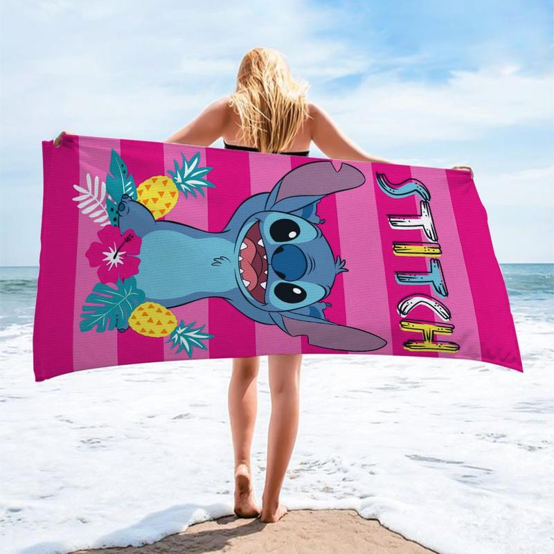 Cartoon Stitch Pattern Beach Towel, 1 Count Soft Absorbent Quick Drying Towel,  Swimming Pool Towel for Bathroom Camping Vacation Seaside