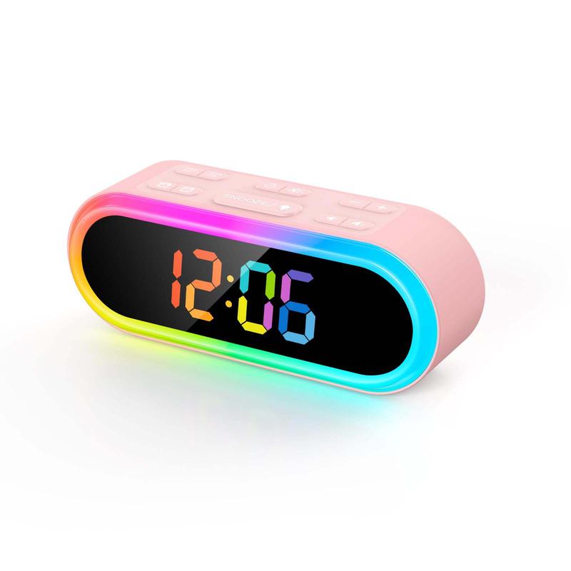 Pink Girls Alarm Clock for Bedroom, Dimmable Colorful Night Light & LED Display, Dual Alarm, Daily Weekday Weekend Alarm, 6 Auto-Off Timer, 7 Ringtones, Small Bedside Digital Clock for Kids Decor Set