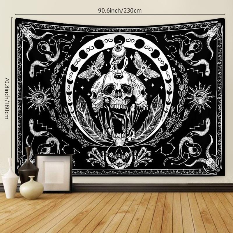 Skeleton Tapestry, 1 Count Skull Black Wall Hanging Snake Moth Wall Towel, Aesthetic Wall Art Decor Hippie Tapestry for Bedroom Living Room