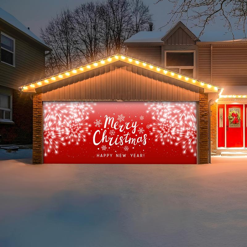 Outdoor Courtyard Garage Door Decoration, Merry Christmas Banner, New Year Garage Door Background, Red Snowflakes