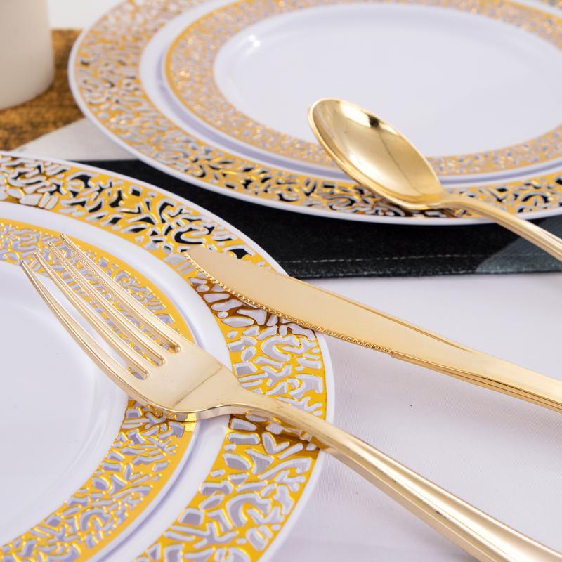 350 Pcs Gold Plastic Plates Disposable Silverware and Cups, Include:50 Dinner Plates 10.25”, 50 Dessert Plates 7.5” 50 Gold Rim Cups ,Gold Cutlery Set dinner plate