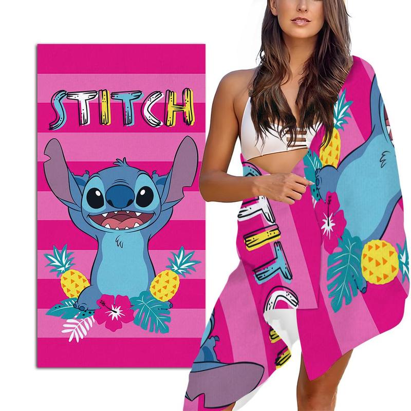 Cartoon Stitch Pattern Beach Towel, 1 Count Soft Absorbent Quick Drying Towel,  Swimming Pool Towel for Bathroom Camping Vacation Seaside