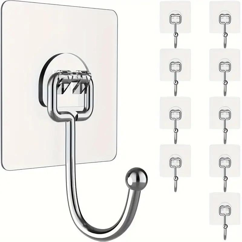 Clear Wall Mounted Hook, 10pcs Stainless Steel Self Adhesive Hook, Multifunctional Storage Hook for Bathroom & Kitchen & Home